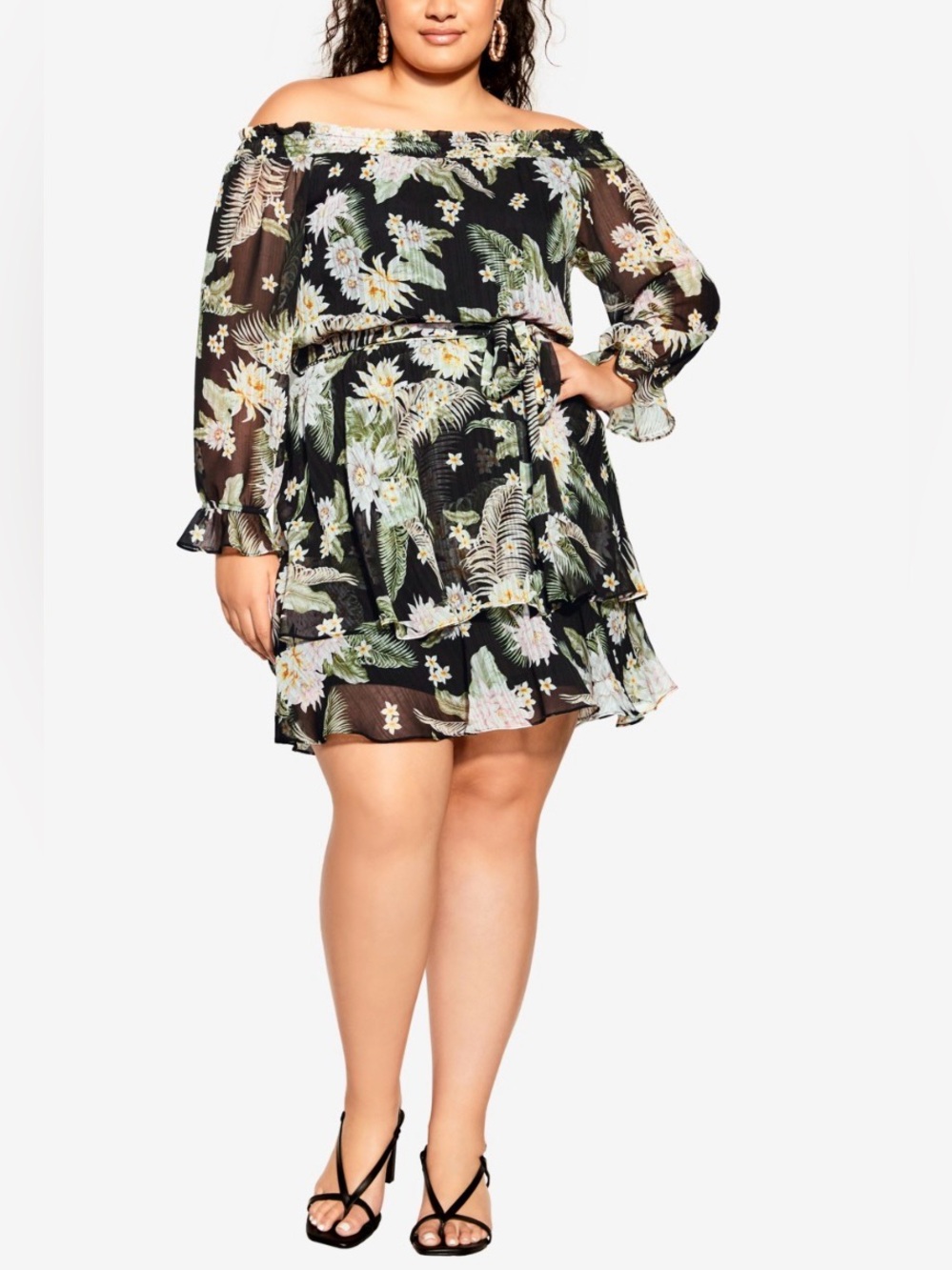 CIty Chic NWT 18 Floral Off-Shoulder Black Midi Dress